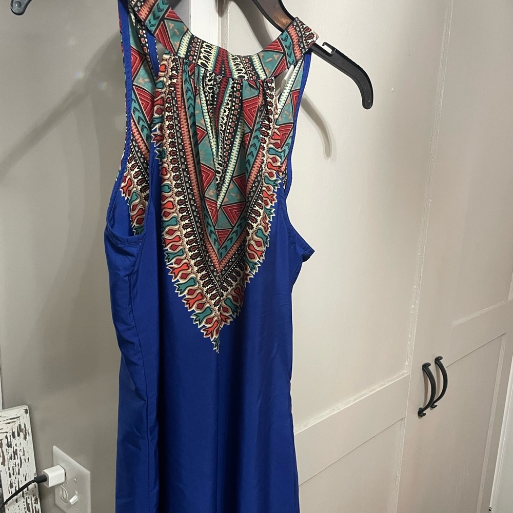 Bright blue and tribal patterned above the knee dress